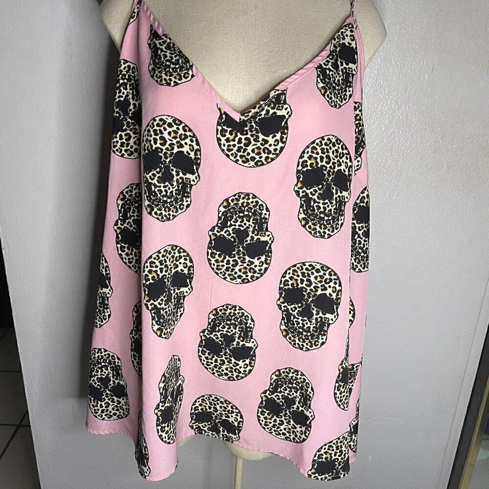 Emery Rose Leopard Skull Print Cami Tank Top Pink Black 5X Plus